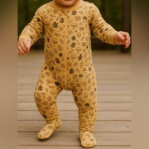 Dip Baby Zip-Up Footed Onesie 6-12M Acorn Leaf Print 100% Cotton